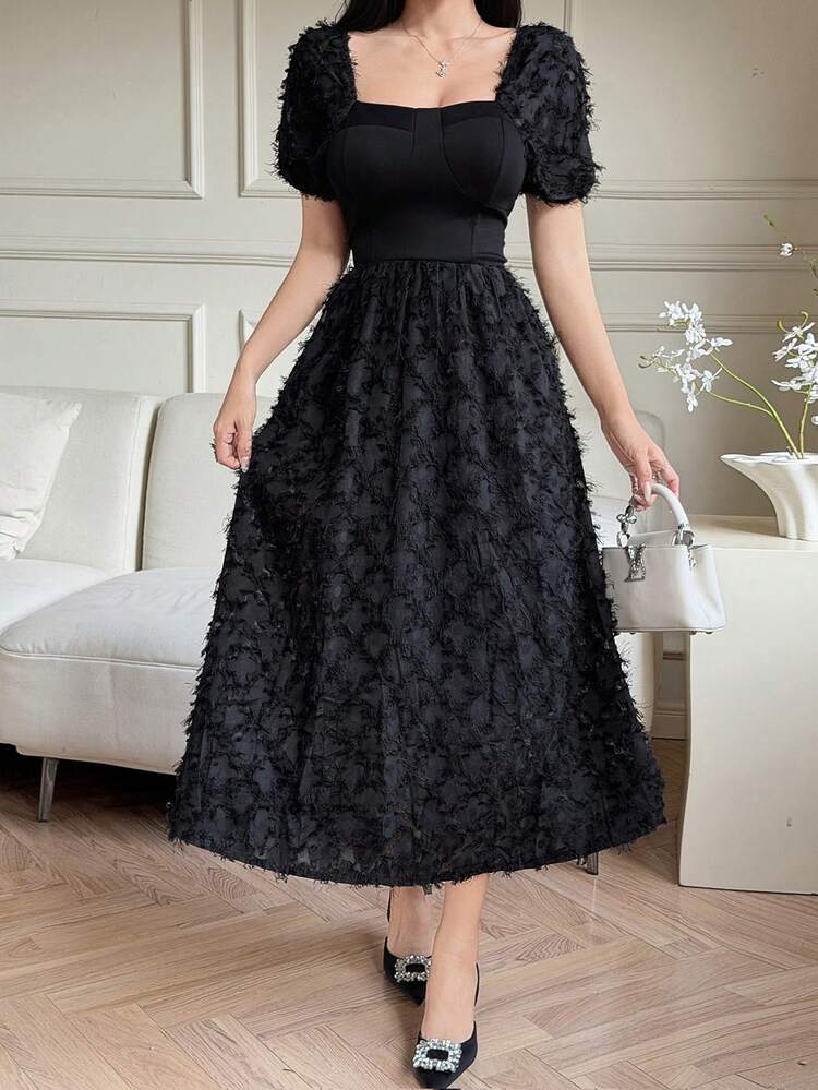 Women's Summer Square Neck Short Sleeve Fitted Waist Midi Dress, Elegant Textured Fabric Sundress