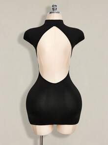 SHEIN ICON Đầm mini ôm sát cơ thể thanh lịch màu trơn khoét eo xoắn dành cho nữ - màu đen - Xem 3