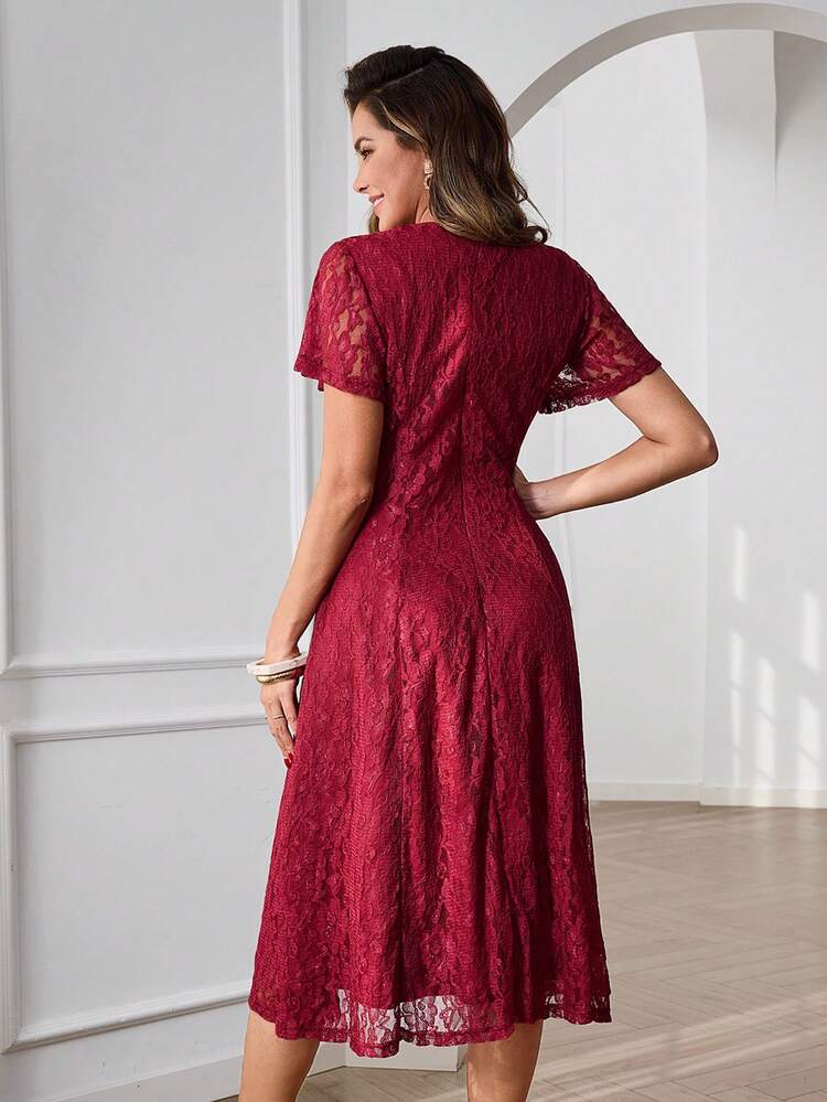 Luxury Elegant Burgundy Lace Overlay Midi Dress For Women – V-Neck Short Sleeve Floral Lace Dress, Perfect For Summer & Spring, Ideal For Wedding Guest, Party, Prom, Birthday