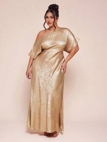 SHEIN BAE 大码女式不对称肩部连衣裙，优雅假日连衣裙 - 金色 - 查看 5