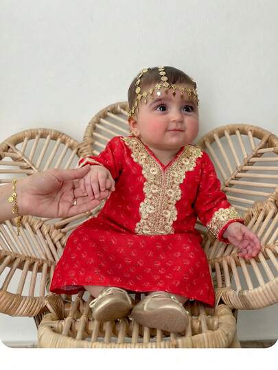 SHEIN 1-Pack Newborn Cute And Versatile Long-Sleeved Dress With Floral, Decoration, Suitable For Girls' Daily Wear, Festivals, Family Gatherings And Special Occasions, Birthday Parties, Evening Parties, Performances, Weddings, Baptisms, Opening Ceremonies, Indoors, Outdoors, Sports, Playing, Parties, Photo Shoots, Vacations, Suitable For Spring, Autumn And Winter Seasons