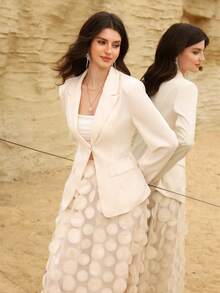 Modelyn Elegant Fashion Long Sleeve Blazer Jacket Paired With 3D Polka Dot Embroidered Skirt Suit Set - Apricot - View 5