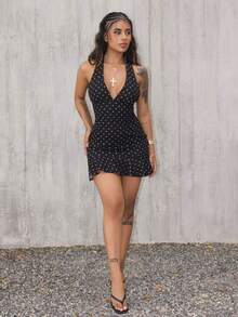 Rayane Ketlyn 深 V 领黑白波点休闲度假复古迷你连衣裙 - 黑色 - 查看 1