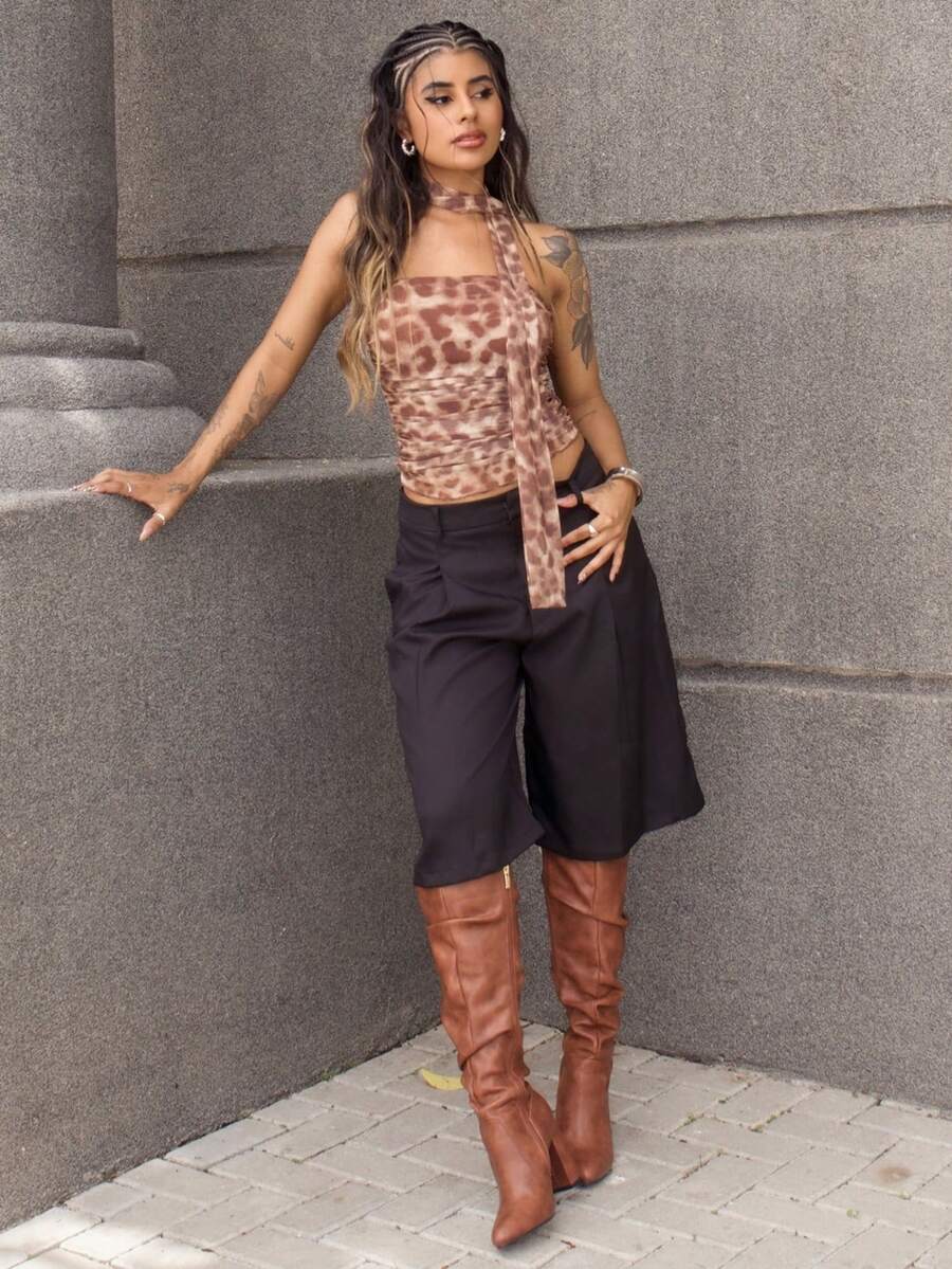 Rayane Ketlyn Spring Simple Commuting Gray Bermuda Women Shorts Suit - Black - View 1