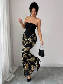 SHEIN Raffinéa 女士性感优雅无肩带连衣裙，饰有金属花卉图案和美人鱼裙摆 - 黑色 - 查看 5