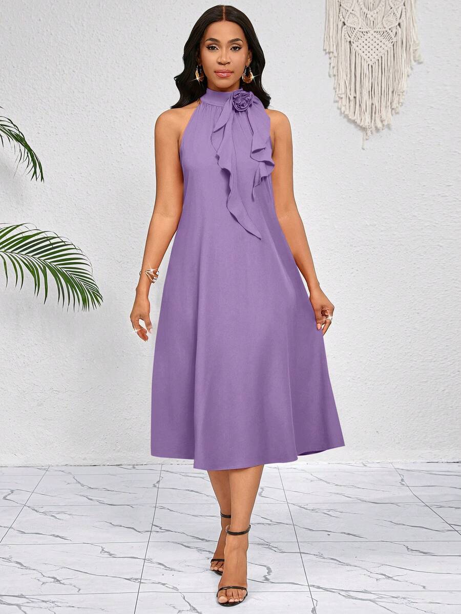 SHEIN Lady 领口饰以立体花朵荷叶边。橙色中长连衣裙。优雅女士宽松休闲风。春夏度假必备。波西米亚风。 - 淡紫色 - 查看 1