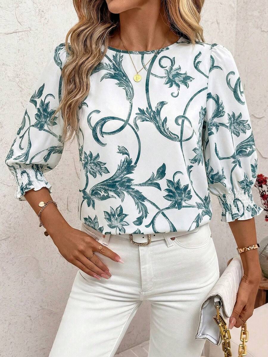 SHEIN Clasi 女士休闲宽松圆领中袖衬衫 - 綠色 - 查看 1