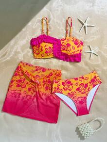 3pcs/Set Tropical Print Ruffled Tween Girl Swimwear Set - Multicolor - View 1