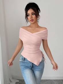 Rafferiza 女士休闲通勤修身露肩短袖T恤，夏季 - 粉色 - 查看 6