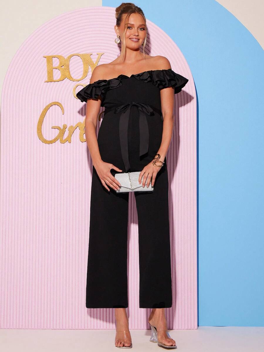 Loomaby Maternity Black And White Elegant Patchwork Ruffle Off Shoulder Wide Leg Jumpsuit,Summer Gender Reveal Baby Shower Dress,Spring Break Outfits Women - Black - View 1