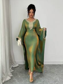 Rafferiza Spring/Summer New Elegant Party Gold Lace Trim Shiny Loose Adjustable Waist Inclusive Fit Women Dress - Green - View 7