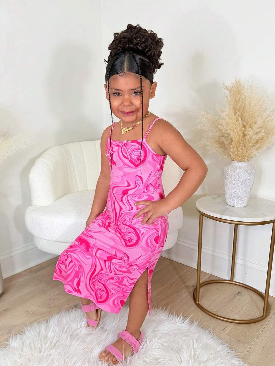 Young Girl Casual Vacation Daily Pink Tie-Dye Textured Snug Fit Dress - Pink - View 1