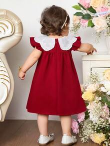 女婴休闲优雅甜美可爱刺绣领A字短袖连衣裙，红色，春夏款 - 紅色 - 查看 2