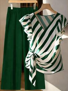 GlowEve CURVE Bộ 2 món cỡ lớn gồm áo và quần ống rộng dáng suông thiết kế nơ, áo sơ mi kẻ sọc xanh lá cây và quần xanh lá cây, tay loe cổ chữ V. - Nhiều màu - Xem 1