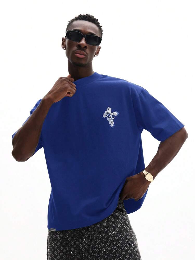 Koszulka męska Crop Fit z nadrukiem krzyża i kryształków, niebieska, bawełniana, z okrągłym dekoltem i krótkim rękawem, swobodna, letnia, uliczna