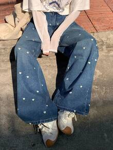 FRIFUL Women's Casual Heart Print Washed Denim Jeans, Suitable For Autumn - Blue - View 2