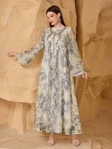 SHEIN Najma 优雅刺绣拼接宽松印花舒适女式连衣裙 - 杏色 - 查看 7