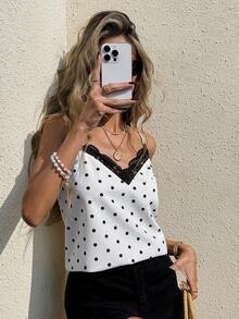 Serisse 女士休闲优雅黑白波点撞色蕾丝刺绣网纱吊带背心，夏季波点上衣，女士外出上衣，情人节女士上衣，海滩女士上衣，生日女士上衣，夏季上衣，夏季，情人节，狂欢节，派对，婚礼，生日，优雅，度假，休闲，夏季上衣，女士狂欢节服装 - 黑與白 - 查看 6