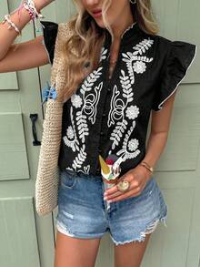 Serisse Áo sơ mi nữ dáng suông tay bồng, thêu họa tiết cây cỏ, thích hợp cho kỳ nghỉ. - màu đen - Xem 8