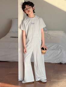DAZY Tween Boy Letter Print Raglan Sleeve Top And Pants Pajama Set - Grey - View 2