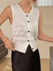 DAZY Top corto casual de mujer de cuello redondo sin mangas de punto texturizado para verano - Blanco - Ver 5