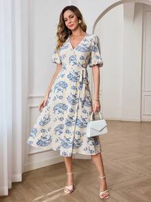 Miaspire 女士印花V领裹身系带短袖中长连衣裙，适合春夏季节穿着，及膝长度，度假连衣裙 - 藍白色 - 查看 4