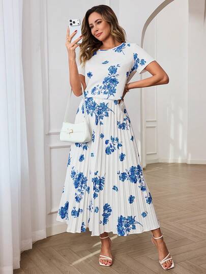 Miaspire 2pcs/Set Women Floral Print Round Neck Short Sleeve Top And Pleated Mini Skirt Vacation Outfit For Women Spring Sunmmervacation TWOPIECE