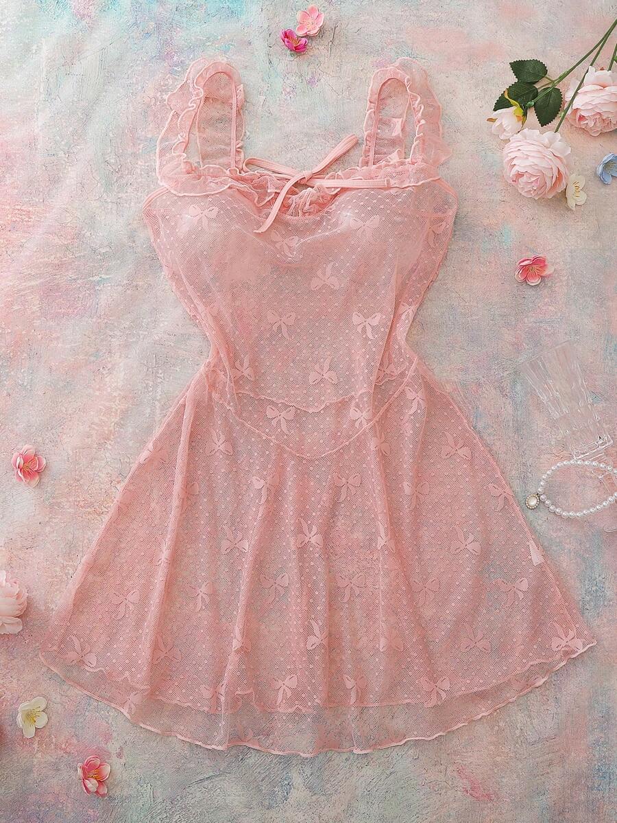 Romantic Countryside Bowknot Mesh Women's Nightgown - Pink - View 1