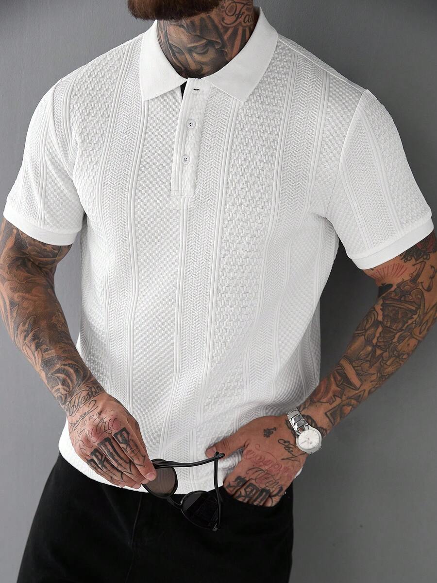 Manfinity CasualCool Men's Textured Short Sleeve Casual Commuter Polo Shirt - White - View 1