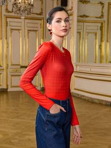 LOTSLUV Women's Red Ombre Heart Print Crew Neck Long Sleeve Bodysuit - Red - View 4