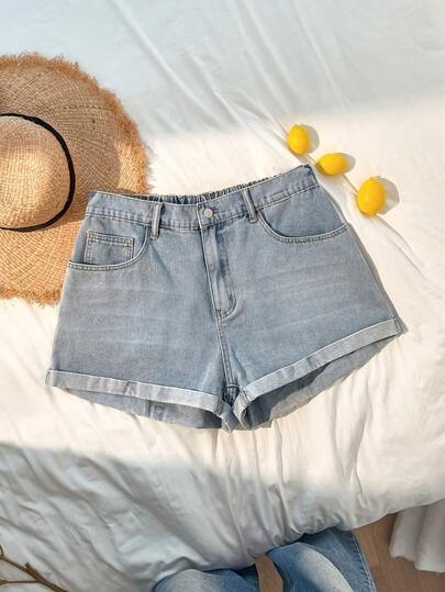 Comfortcana Plus Size Women Denim Shorts, Casual Washed Light Blue Cuffed Hem Design  Summer Outfits For Women Summer Outfits Spring Outfit Women  Spring Clothes Women Vacation Outfits Women Summer Vacation Outfits Beach Vacation Outfits For Women Casual Outfit For Women  Comfortable Plus Size Denim Shorts Casual Light Blue High Waisted Jorts For Women Summer
