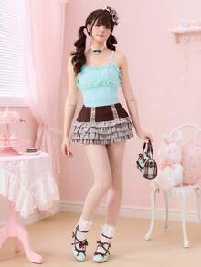 ROMWE Kawaii Mint Girl Lace Patchwork Fitted Casual Versatile Camisole - Mint Green - View 2