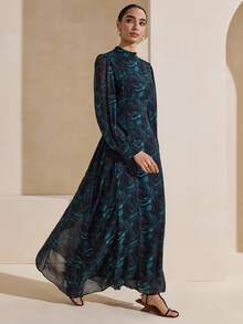 Graceveil 女士优雅修身印花高领侧系腰雪纺连衣裙，适合外出、约会和晚间活动 - 墨綠色 - 查看 6