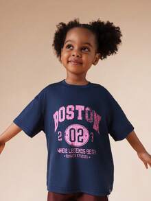 SUMWON Girls Oversized Boston Vintage Inspired Graphic Tee With Distressed Text Design Crew Neck Short Sleeve For Casual And Vacation - Blue - View 5