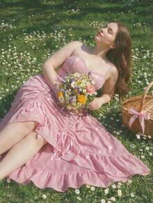 SHEIN MOD Plus-Size Women's Spring/Summer Pink Shimmering Fabric Maxi Dress, Autumn Wedding Guest Dress, Homecoming Dress, Brunch Wear, Renaissance Market Dress, Dress, Dress, Bridgeton Style Dress, New Year's/Valentine's Day Dress.Spring/Summer Holiday Party Outfits & New Year Outfits Pink Dress Prom Dress Pink Party Dress Elegant Dress High Low Dress - Pink - View 7