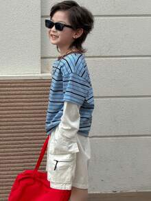 DAZY Young Boy Patchwork Striped Round Neck Long Sleeve Casual T-Shirt - Blue - View 3