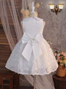 SHEIN Girls' Bowknot Party Dress, Butterfly Fabric Texture, Elegant Flower Girl Bridesmaid Sweet A-Line Dress - White - View 10