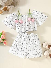 4-8Y 2pcs/Set Girls Summer Matching Floral All-Over Print Jacquard Spaghetti Strap Tulip Flower Ruffle Top & Bow Shorts Set,Family Vacation Holiday - Multicolor - View 4