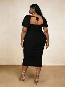 CurvyTilda 加大方领褶饰紧身连衣裙，女士生日礼服 - 黑色 - 查看 2