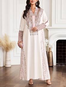 Al Najma New Notched Neck Elegant Embroidery Loose Casual Dress - Multicolor - View 5