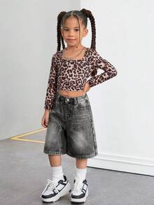 SHEIN بنطلون قصير جينز أزرق فينتاج Y2K للفتيات الصغيرات، بنطلون قصير كاجوال للفتيات الصغيرات للربيع والصيف للعطلات، بنطلون قصير بجيوب متعددة للفتيات الصغيرات بطراز الشارع الرائج - رمادي غامق - مشاهدة 3