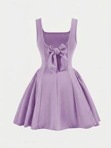 Firerie Kids Tween Girls Elegant & Cute Square Neck A-Line Patchwork Dress With Large Bow Back - Mauve Purple - View 2