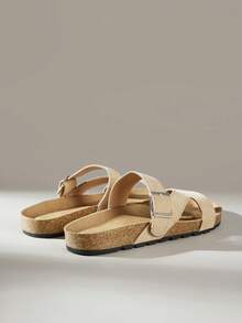 Solecia Women Shoes Summer Single Buckle With Apricot Round Head Thick Bottom, Personalized Suede Brown And Black Slippers Daily Out Of The Street - Apricot - View 4