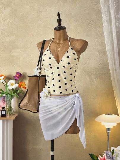 Bellisia 빈티지 블랙 & 화이트 물방울 무늬 러플 트라이앵글 컵 비키니 세트