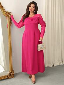 Firerie Elegant Plus Size Red Violet Long Knitted Fabric Dress With Round Neck Leg-Of-Mutton Sleeve And Flared Hem For Women Modest Wear - Red Violet - View 3