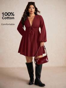 Elaquor Plus Size Solid Color Lantern Sleeve Casual Red Dress - Burgundy - View 1