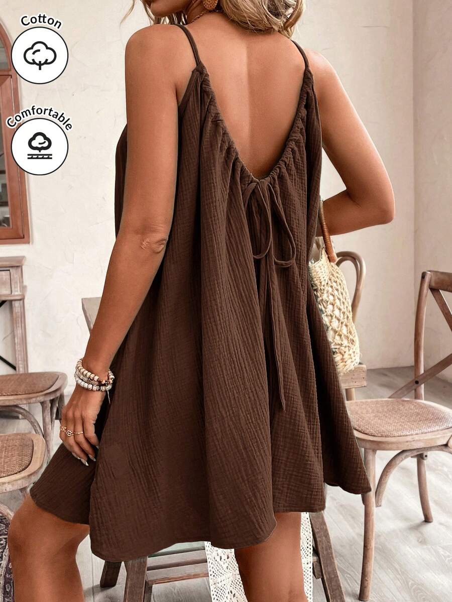 SHEIN Frenchy 夏季女士吊带波西米亚风连衣裙，必备单品，夏季穿搭，婚礼季必备，田园风抽绳连衣裙，女士棉质连衣裙 - 咖啡棕 - 查看 1