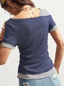 Bohemela Lässiges zweifarbiges gestricktes gestreiftes Patchwork-T-Shirt mit unregelmäßigem Ausschnitt, Fake-Zweiteiler-Kurzarm-T-Shirt, Sommeroutfits für Frauen, Urlaubsoutfits für Frauen, Frühlingsoutfits für Frauen, Sommertops, lässige Outfits für Frauen - marineblau - Übersicht 7