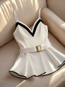 Franclia Stylish Black And White Color-Blocked Camisole Top With A Slimming Waist, Exquisite And Luxurious A-Line Silhouette, Decorated Belt, Spring/Summer - Black and White - View 6