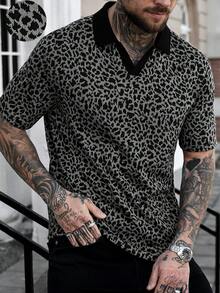 Manfinity CasualCool Camisa polo de cuello en V con estampado de leopardo en contraste, adecuada para salidas y fiestas - Gris Oscuro - Ver 1